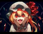  1girl ascot bangs blonde_hair crazy_eyes fami_(yellow_skies) fangs flandre_scarlet hands_on_own_face hat hat_ribbon looking_at_viewer mob_cap nail_polish open_mouth red_eyes ribbon side_ponytail solo teeth tongue touhou upper_body wings wrist_cuffs 