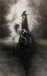  1girl black_hat black_robe grey hat highres holding holding_staff long_hair matajirou_(matagiro) original outdoors skeleton solo staff witch_hat 