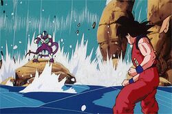  2boys alien animated animated_gif black_hair cooler_(dragon_ball) dragon_ball dragonball_z fangs from_behind horns lowres male_focus mask multiple_boys muscle purple_skin red_eyes smile son_gokuu subtitled tail transformation waterfall 