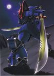  dual_wielding efreet_custom gundam gundam_side_story:_the_blue_destiny looking_back mecha moon night night_sky sky sword weapon 