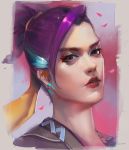  1girl artist_name commentary_request genderswap genderswap_(mtf) grey_eyes hanzo_(overwatch) lips lipstick looking_at_viewer makeup overwatch parted_lips ponytail portrait purple_hair realistic red_lipstick signature solo superschool48 