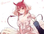  1girl animal_ears bare_shoulders blurry blush breasts bride cleavage demon_tail depth_of_field detached_sleeves dress heart holding_hand large_breasts looking_at_viewer original petals pink_dress pov red_eyes redhead short_hair tail tanuma_(tyny) twitter_username veil wedding_dress 