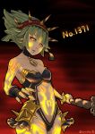  1girl artist_name brave_frontier breasts cleavage facial_tattoo fingerless_gloves gloves glowing glowing_eyes green_hair highres horns nail_polish navel shelly_(brave_frontier) tattoo trtrkn96 yellow_eyes 