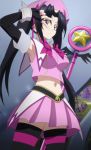  1girl black_hair breasts female hat high_school_dxd large_breasts long_hair midriff navel serafall_leviathan skirt smile solo staff standing stitched thigh-highs twintails violet_eyes 