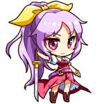  1girl belt blush_stickers boots bow bracelet brown_boots chibi dress full_body hair_bow jewelry lavender_hair long_hair looking_at_viewer lowres ponytail puffy_short_sleeves puffy_sleeves red_dress shinobu_shinobu short_sleeves simple_background smile solo standing sword touhou tsurime very_long_hair violet_eyes watatsuki_no_yorihime weapon white_background yellow_bow 