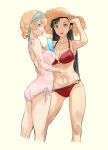  2girls absurdres arm_up beige_background bikini black_hair blonde_hair blue_eyes braid brown_eyes cocktail commentary_request darjeeling_(girls_und_panzer) french_braid frilled_swimsuit frills girls_und_panzer hand_on_another&#039;s_waist hat headband highres long_hair looking_at_viewer miki_(tosaibom) multiple_girls nishi_kinuyo o-ring o-ring_bikini one-piece_swimsuit open_mouth red_bikini standing straw_hat swimsuit 