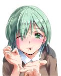  1girl brown_jacket collared_shirt eyebrows eyebrows_visible_through_hair eyes_visible_through_hair food green_eyes green_hair hair_ornament hairclip hand_out highres kantai_collection leaning_forward lips long_hair looking_at_viewer maimu_(gol-em-1226) necktie one_eye_closed pocky pocky_kiss shared_food shirt simple_background solo suzuya_(kantai_collection) white_background white_shirt 