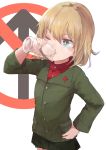  1girl :t blonde_hair blue_eyes bottle buttons commentary_request directional_arrow drinking girls_und_panzer hair_between_eyes hand_on_hip height_conscious holding holding_bottle katyusha long_sleeves military military_uniform no_symbol one_eye_closed pleated_skirt roll_okashi shirt short_hair skirt solo sparkling_eyes star uniform upper_body 