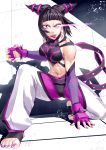  1girl abs akito black_hair capcom feet female glowing glowing_eye han_juri looking_at_viewer nail_polish short_hair solo street_fighter street_fighter_iv super_street_fighter_iv toes tongue twintails violet_eyes 