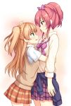  2girls blonde_hair bow clothes_around_waist hair_bow hug idolmaster idolmaster_cinderella_girls jougasaki_mika jougasaki_rika long_hair multiple_girls open_mouth petting pink_hair plaid plaid_skirt ponytail profile shuuichi siblings sisters skirt sweater_around_waist sweater_vest two_side_up yellow_eyes 