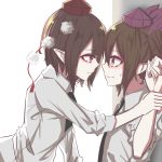  2girls aie black_hair blush brown_hair collared_shirt face-to-face hat himekaidou_hatate looking_at_another multiple_girls necktie pointy_ears pom_pom_(clothes) purple_hat red_eyes red_hat shameimaru_aya shirt sweat tokin_hat touhou twintails violet_eyes wall_slam wavy_mouth white_shirt wrist_grab yuri 