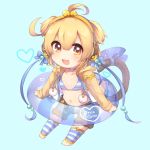  1girl :3 :d ahoge anchira_(granblue_fantasy) animal_ears bangs barefoot bikini bikini_under_clothes blonde_hair blue_background blue_bow blue_ribbon bow chibi choker collarbone denim denim_shorts earrings erun_(granblue_fantasy) eyebrows eyebrows_visible_through_hair eyes_visible_through_hair full_body fur granblue_fantasy hair_between_eyes hairband heart highres hood hood_down hooded_jacket innertube jacket jewelry kaenuco leggings light_particles long_sleeves looking_at_viewer monkey_ears monkey_tail navel no_nose open_fly open_mouth orange_eyes pom_pom_(clothes) ribbon see-through short_hair shorts simple_background smile solo standing striped striped_bikini striped_legwear swimsuit tail tail_bow 