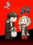  1boy 1girl 1other amamiya_ren atlus bag bangs black_background blonde_hair blue_eyes brown_hair candy_bar chibi eating food glasses ground_vehicle hair_ornament hairclip holding hood hood_down hoodie jacket kurusu_akira megami_tensei mittens morgana_(persona_5) musical_note pantyhose parted_bangs persona persona_5 plaid plaid_skirt red_background school_emblem shopping_bag short_hair skirt smile takamaki_ann tamago_(yotsumi_works) translation_request twintails 