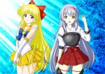  2girls :d absurdres aino_minako arm_up bare_legs bishoujo_senshi_sailor_moon blonde_hair blue_background blue_eyes breasts brown_eyes choker circlet contrapposto crossover earrings elbow_gloves female gloves hair_ribbon hairband hakama_skirt heart highres japanese_clothes jewelry kantai_collection legs legs_together looking_at_viewer magical_girl miniskirt multiple_girls muneate neck necklace open_mouth pleated_skirt prophet5 red_ribbon red_skirt ribbon sailor_collar sailor_venus shoukaku_(kantai_collection) silver_hair skirt small_breasts smile standing super_sailor_venus tiara v_arms very_long_hair white_gloves yellow_skirt 