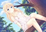  1girl arm_behind_back blonde_hair blue_eyes blue_sky clouds collarbone detached_sleeves dress dutch_angle eyebrows highres in_tree long_hair looking_at_viewer number original pout rikorin sitting sky solo sundress tree tree_branch white_dress 