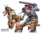  1boy 3girls aqua_hair armor blonde_hair choujikuu_yousai_macross glaug green_eyes macross mecha_musume multiple_girls pilot_suit polidread redhead vf-1 vf-1d zentradi 