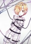  1girl arms_behind_back artist_name bdsm belt blonde_hair blush brown_eyes chains collar ear_piercing earrings hair_over_one_eye highres idolmaster idolmaster_cinderella_girls jewelry jewriel looking_at_viewer piercing restrained shirasaka_koume short_hair simple_background smile solo sparkle standing straitjacket 