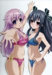  2girls absurdres asymmetrical_docking bare_shoulders bikini black_hair blush breasts choujigen_game_neptune d-pad hair_ornament highres long_hair looking_at_viewer multiple_girls nepgear neptune_(series) official_art open_mouth purple_hair red_eyes smile striped swimsuit tsunako twintails uni_(choujigen_game_neptune) violet_eyes yuri 