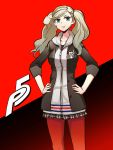  1girl bangs black_background blonde_hair blue_eyes breasts hair_ornament hairclip hands_on_hips hood hood_down hoodie long_hair looking_at_viewer pantyhose parted_bangs persona persona_5 plaid plaid_skirt red_background school_emblem skirt smile solo standing takamaki_ann tamago_(yotsumi_works) twintails 