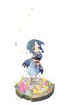 :o absurdres blue_hair character_request child doll_hug flower harada_takehito highres majo_to_hyakkihei majo_to_hyakkihei_2 petals simple_background standing stitches white_background yellow_eyes 