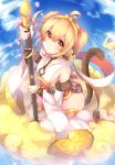  1girl :3 absurdres ahoge anchira_(granblue_fantasy) animal_ears bangs bare_shoulders barefoot blonde_hair blue_sky blush bow bracer breasts cherry_blossoms cleavage cleavage_cutout closed_mouth clouds collarbone detached_sleeves diamond_(shape) earrings erun_(granblue_fantasy) eyebrows eyebrows_visible_through_hair eyes_visible_through_hair feet fingernails fur granblue_fantasy hagoromo hair_between_eyes hairband halterneck highres holding holding_staff jewelry kaenuco leggings leotard light_particles long_sleeves looking_at_viewer monkey_ears monkey_tail orange_eyes petals rope sash shawl shimenawa short_hair sitting sitting_on_cloud sky small_breasts solo sparkle staff striped striped_bow tail toes two_side_up wariza white_leotard wide_sleeves 