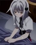  1girl blush high_school_dxd sad school_uniform screencap sitting solo stitched tears toujou_koneko white_hair yellow_eyes 