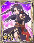  1girl ahoge black_gloves breastplate card_(medium) fingerless_gloves gloves hairband holding holding_sword holding_weapon long_hair looking_at_viewer number one_leg_raised open_mouth pointy_ears purple_hair red_eyes red_hairband solo star sword sword_art_online weapon yuuki_(sao) 