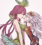  2girls bare_shoulders breasts closed_eyes elbow_gloves food gloves granblue_fantasy ivris large_breasts leaf leaf_on_head long_hair low_twintails medusa_(shingeki_no_bahamut) multiple_girls plant_girl pocky pocky_kiss pointy_ears shared_food twintails very_long_hair white_hair yggdrasill_(granblue_fantasy) yuri 
