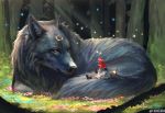  1girl animal arizuka_(13033303) basket butterfly corset eye_contact flower forest head_wreath hood light_rays little_red_riding_hood looking_at_another nature oversized_animal sitting skirt tree twitter_username wolf 
