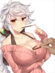  1girl bare_shoulders between_breasts blush braid breast_hold breasts cleavage collarbone food hair_ornament hands jitome kantai_collection large_breasts long_hair off_shoulder pocky pocky_day ribbed_sweater silver_hair simple_background single_braid sleeves_past_wrists sweater unryuu_(kantai_collection) white_background yamaarashi yellow_eyes 