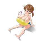  1girl barefoot blush bottle breasts brown_eyes brown_hair bursting_breasts camisole cleavage deep_skin feet female full_body hair_ornament huge_breasts legs low_twintails mo_dame_kuuki parted_lips short_hair short_shorts shorts simple_background sitting soles solo sweatdrop thighs toes white_background 