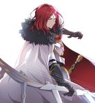  1boy armor bow_(weapon) capelet closed_eyes fate/grand_order fate_(series) fur_trim gloves long_hair redhead simple_background solo sword teeth tristan_(fate/grand_order) tsuedzu upper_body weapon white_background 