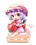  1girl bat_wings blue_hair fang frilled_shirt frilled_sleeves frills hat hat_ribbon minigirl mob_cap pointy_ears puffy_short_sleeves puffy_sleeves red_eyes red_ribbon remilia_scarlet ribbon ribbon_trimmed shinoba shirt short_sleeves solo touhou translation_request wings wrist_cuffs 