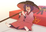  1girl ^_^ barefoot bowl bowl_hat chocolate chocolate_on_face closed_eyes eating food food_on_face full_body gradient gradient_background hair_between_eyes hat kobaji open_mouth pocky purple_hair red_kimono short_hair sitting smile solo sukuna_shinmyoumaru touhou wide_sleeves 