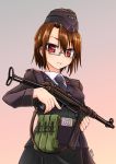  1girl adapted_uniform garrison_cap glasses gun hat highres military military_uniform mp40 original red_eyes short_hair soldier submachine_gun tokihama_jirou trigger_discipline uniform weapon world_war_ii 