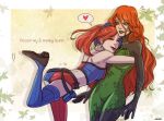  2girls artist_name ass blue_hair bodysuit breasts character_name closed_eyes dc_comics green_eyes green_lipstick harley_quinn heart highres hug leaf leg_up lipstick long_hair makeup medium_breasts mewwi_chutarat mismatched_legwear multicolored_hair multiple_girls orange_hair poison_ivy pouch red_lipstick redhead ribbed_legwear short_shorts shorts signature smile spoken_heart strapless thigh-highs tubetop twintails two-tone_hair 