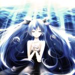  1girl black_dress black_ribbon blue_eyes blue_hair collarbone dress hair_ribbon hatsune_miku highres long_hair ribbon shinkai_shoujo_(vocaloid) solo toushi_(1213704694) twintails vocaloid 