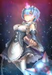  1girl blood blood_on_breasts blood_on_face bloody_clothes blue_eyes blue_hair breasts chains cleavage demon glowing glowing_eye hair_ornament hair_over_one_eye horn looking_at_viewer maid maid_headdress medium_breasts omoti_(1201208) open_mouth re:zero_kara_hajimeru_isekai_seikatsu rem_(re:zero) shiny short_hair solo torn_clothes upper_body x_hair_ornament 