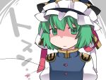  1girl commentary_request empty_eyes flat_chest green_eyes green_hair hammer_(sunset_beach) hat heart shaded_face shiki_eiki short_hair solo symbol_ricochet touhou translation_request upper_body 