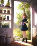  1girl :o birdhouse blue_dress blue_legwear brown_hair bucket dress forest grass high_heels indoors jewelry lazuri7 long_sleeves looking_at_viewer nature necklace original plant potted_plant red_eyes shadow shelf short_hair socks solo stepping_stones vines watering_can wooden_floor 