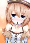  1girl bare_shoulders blanc blue_eyes blush brown_hair choujigen_game_neptune food fur_trim haru_blanc0316 hat highres looking_at_viewer neptune_(series) pocky pocky_kiss shared_food short_hair solo 