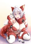  1girl ahoge animal_ears bare_shoulders blush breasts candy cleavage cosplay elbow_gloves fangs fate/grand_order fate_(series) food fur-trimmed_gloves fur-trimmed_legwear fur_trim gloves halloween halloween_costume haraguro_jakku large_breasts lollipop long_hair looking_at_viewer mouth_hold navel o-ring o-ring_top open_mouth revealing_clothes ribbon senki_zesshou_symphogear shielder_(fate/grand_order) shielder_(fate/grand_order)_(cosplay) silver_hair sitting solo swirl_lollipop tail thigh-highs twintails violet_eyes waifu2x wariza wolf_ears wolf_tail yukine_chris 