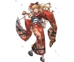  1girl blonde_hair floral_print flower full_body granblue_fantasy hair_flower hair_ornament holding japanese_clothes kimono looking_at_viewer minaba_hideo obi open_mouth petals ponytail ribbon sandals sash simple_background smile solo tabi vira wide_sleeves 