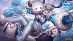  ahri animal_ears bent_knees bird blue_eyes blush breasts citemer cleavage fox_ears fox_girl fox_tail large_breasts league_of_legends looking_to_the_side penguin poro_(league_of_legends) tail white_hair 