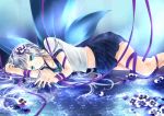  1girl absurdres aqua_eyes blue_background blue_skirt expressionless flower hair_flower hair_ornament highres leg_ribbon long_hair looking_at_viewer lying midriff navel on_side original pansy pleated_skirt ribbon short_sleeves silver_hair skirt solo tifa_j wrist_ribbon 