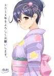  1girl 2016 alternate_hairstyle blush brown_eyes closed_mouth diisuke floral_print folded_ponytail from_side hair_between_eyes hair_ornament hair_ribbon japanese_clothes kantai_collection kimono long_sleeves looking_at_viewer looking_to_the_side obi pink_ribbon ribbon sash short_hair smile solo translated upper_body ushio_(kantai_collection) white_background 