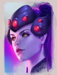  1girl artist_name commentary_request head_mounted_display high_ponytail lips looking_afar overwatch parted_lips portrait purple_hair purple_skin realistic signature solo superschool48 widowmaker_(overwatch) yellow_eyes 