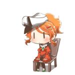  1girl aquila_(kantai_collection) black_eyes chair chibi graf_zeppelin_(kantai_collection) hair_ornament hairclip hands_on_lap hat high_ponytail kantai_collection lowres orange_hair peaked_cap rebecca_(keinelove) sitting solo 
