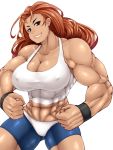  1girl abs amau_(kosmos) breasts cleavage erect_nipples female grin large_breasts lips looking_at_viewer muscle orange_hair red_eyes smile solo 