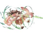  1girl ;o animal_ears arrow aster_(granblue_fantasy) bangs bare_arms bare_legs bow bow_(weapon) brown_hair brown_shoes buttons crossbow dress erun_(granblue_fantasy) feather_boa flat_chest full_body fur_trim granblue_fantasy hair_ornament holding holding_weapon long_hair minaba_hideo official_art one_eye_closed open_mouth orange_eyes pouch red_bow shoes simple_background solo transparent_background weapon white_dress 